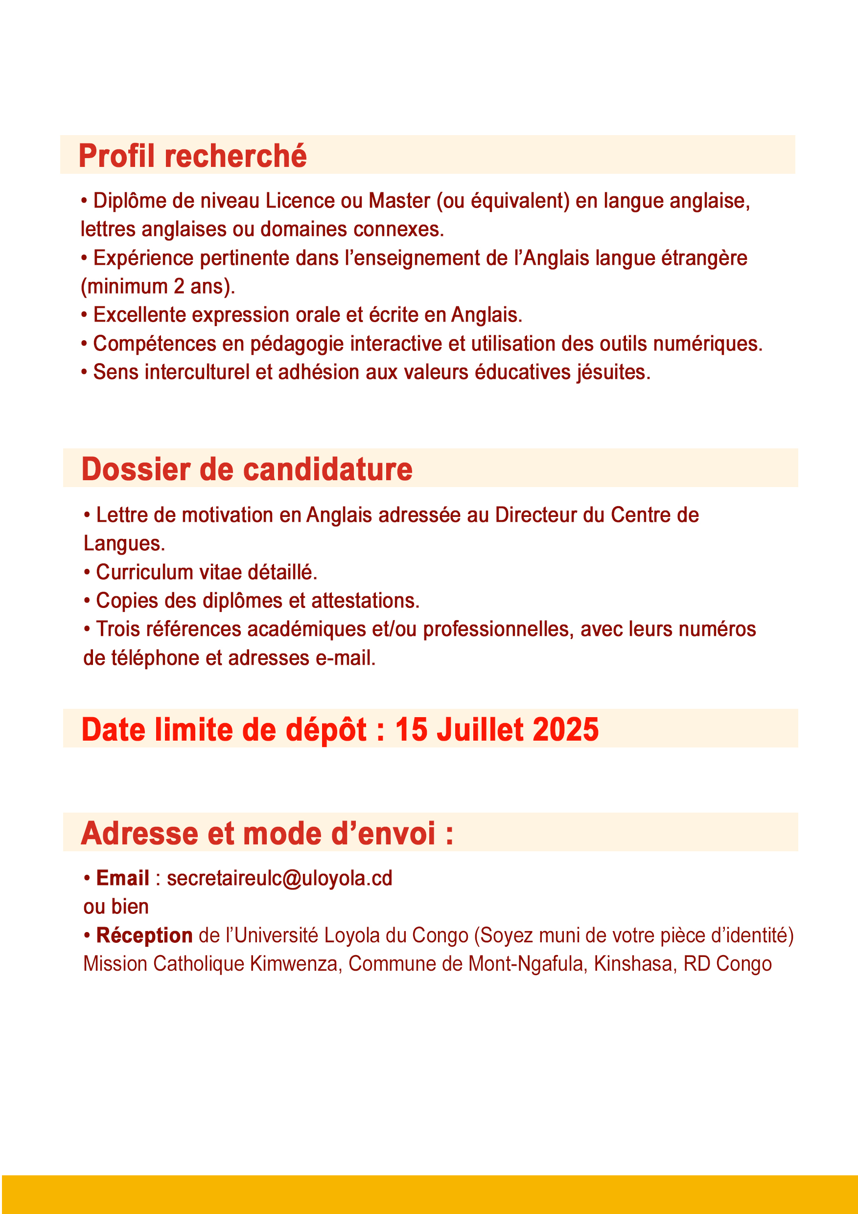 RECRUTEMENT D’UN(E) PROFESSEUR(E) D’ANGLAIS À TEMPS PARTIEL