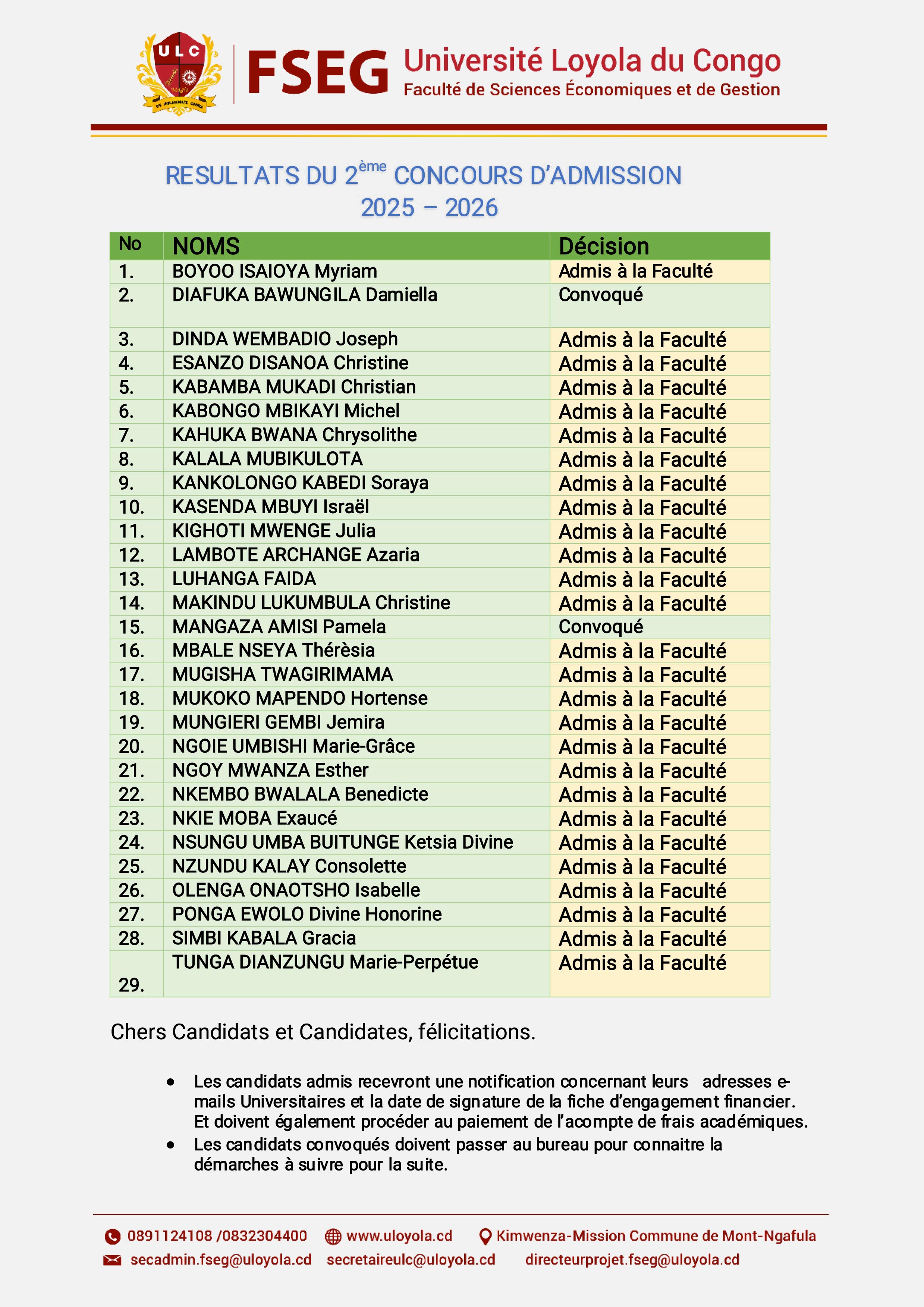 RÉSULTATS DU 2ÈME CONCOURS D’ADMISSION FSEG-ULC 2025 – 2026